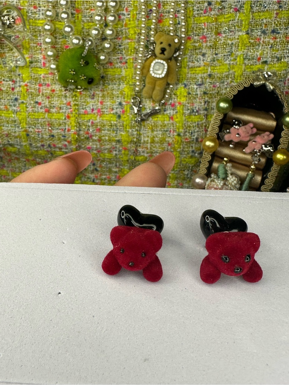 Red Plush Bear Heart  Earrings - Red